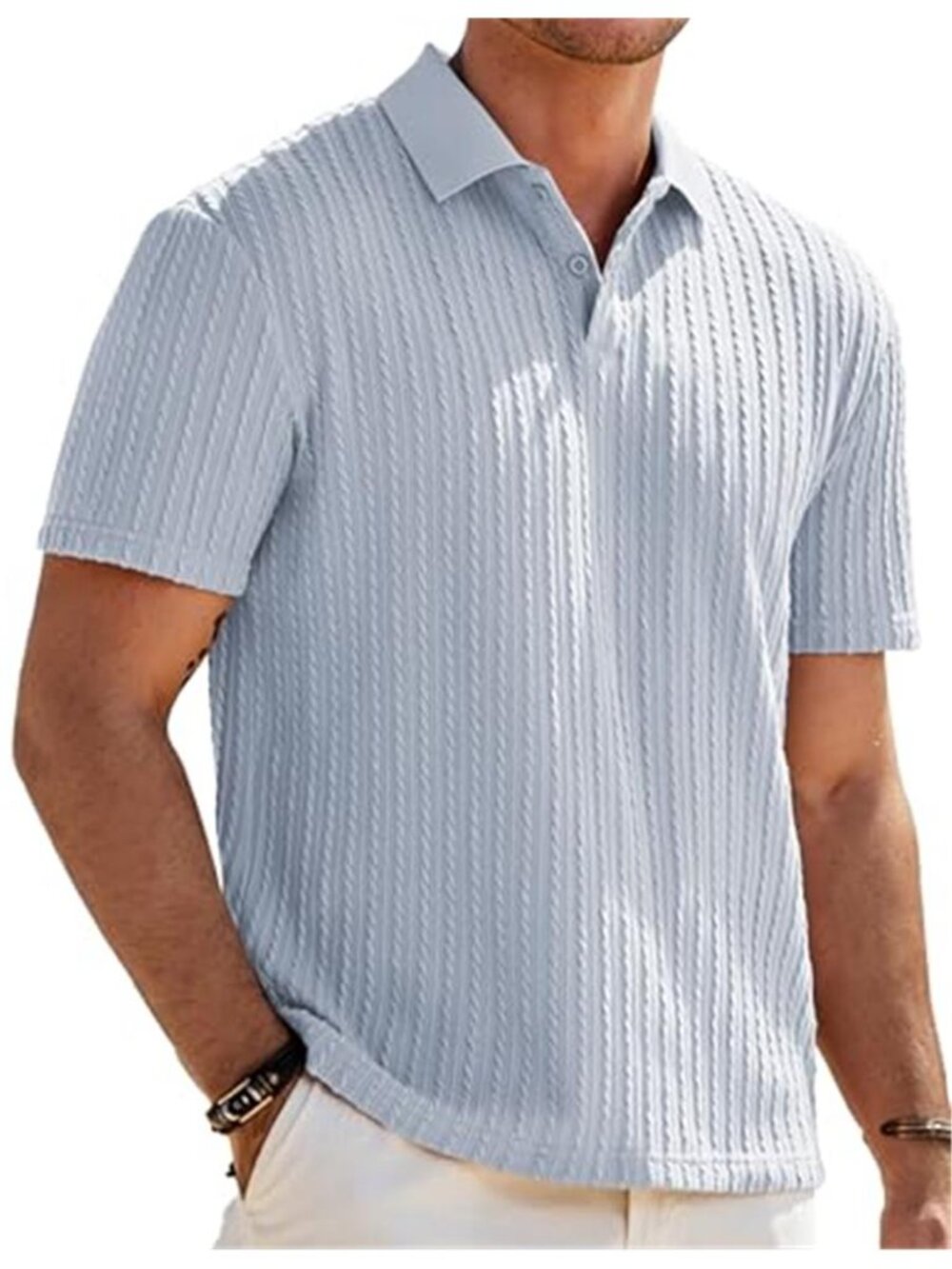 Mens Light Blue Knit Polo Shirt Short Sleeve Stretch Golf Beach Vacation Shirt